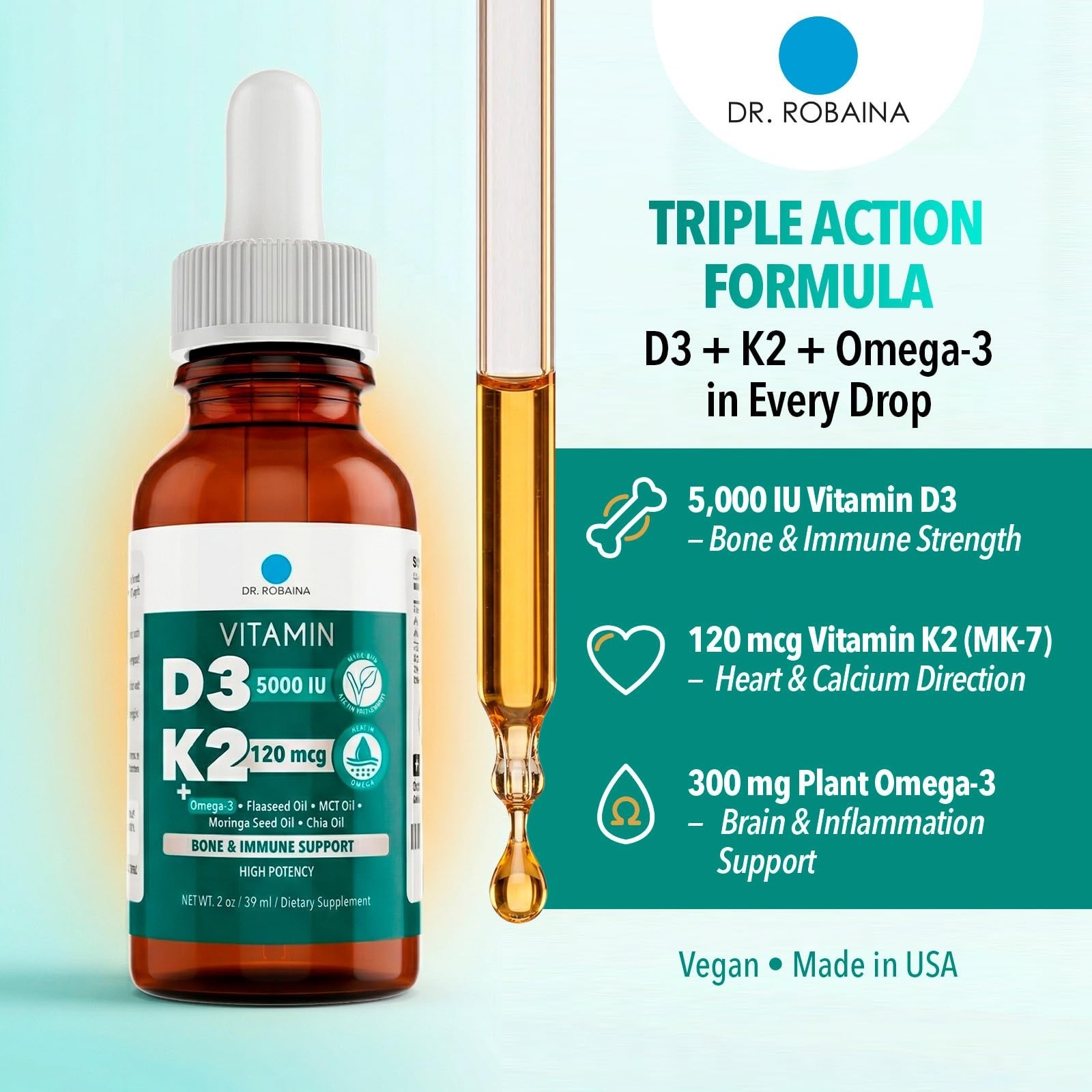 Vegan Vitamin D3 + K2 Drops – 5000 IU D3 & 120 mcg MK-7, Liquid MCT Oil Suppleme