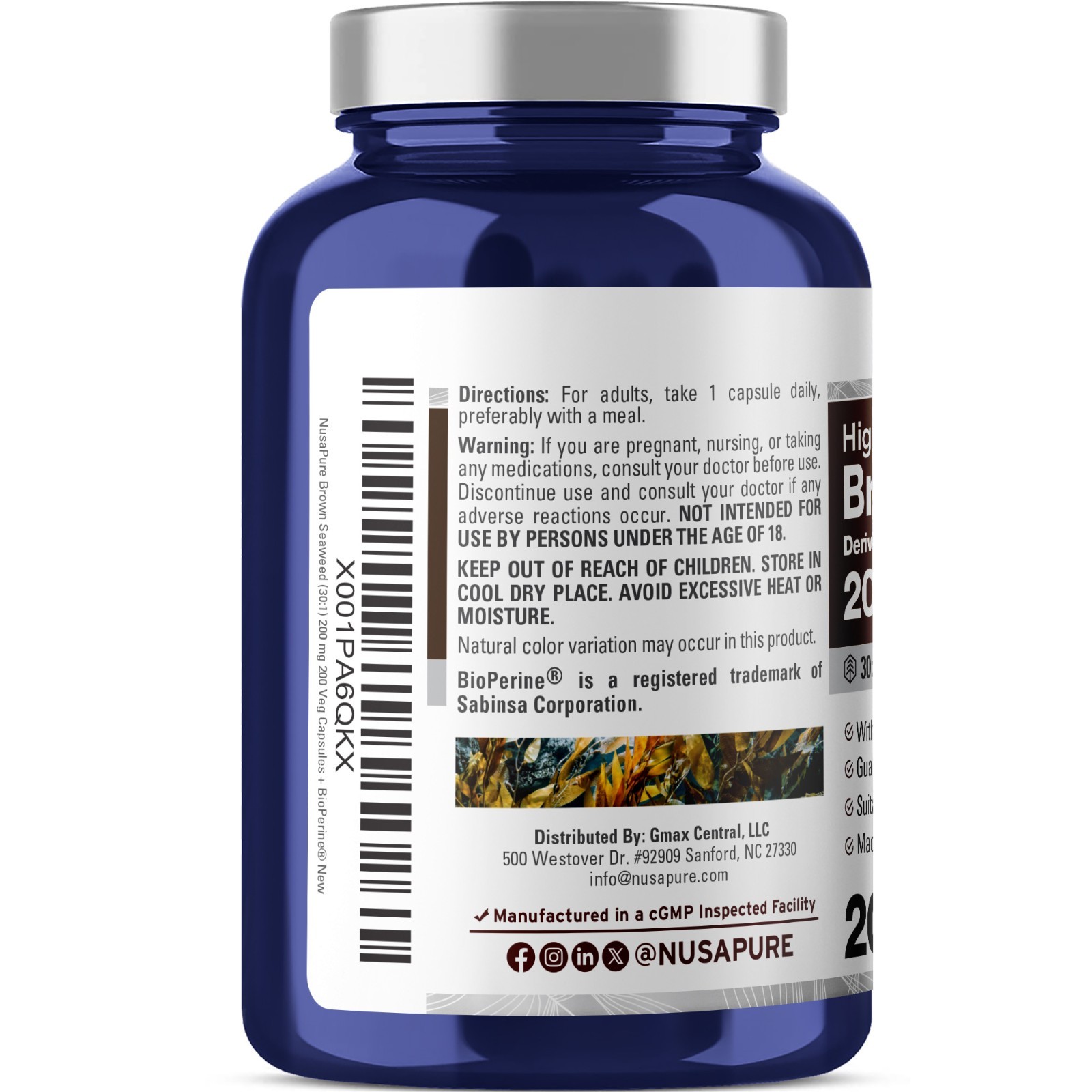 NusaPure Brown Seaweed Extract 6,000 mg with Bioperine – 200 Veggie Capsules
