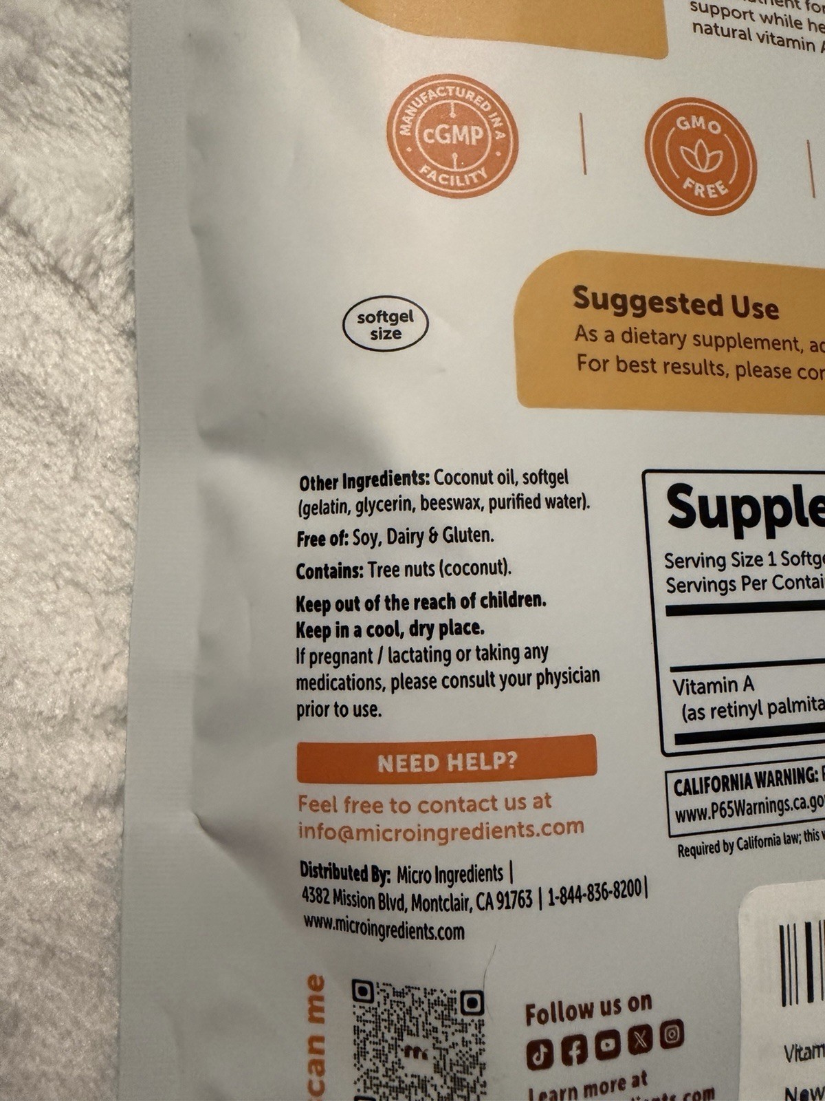 Micro Ingredients Vitamin A 25000 IU 500 Softgels with Coconut Oil Exp 03/2028
