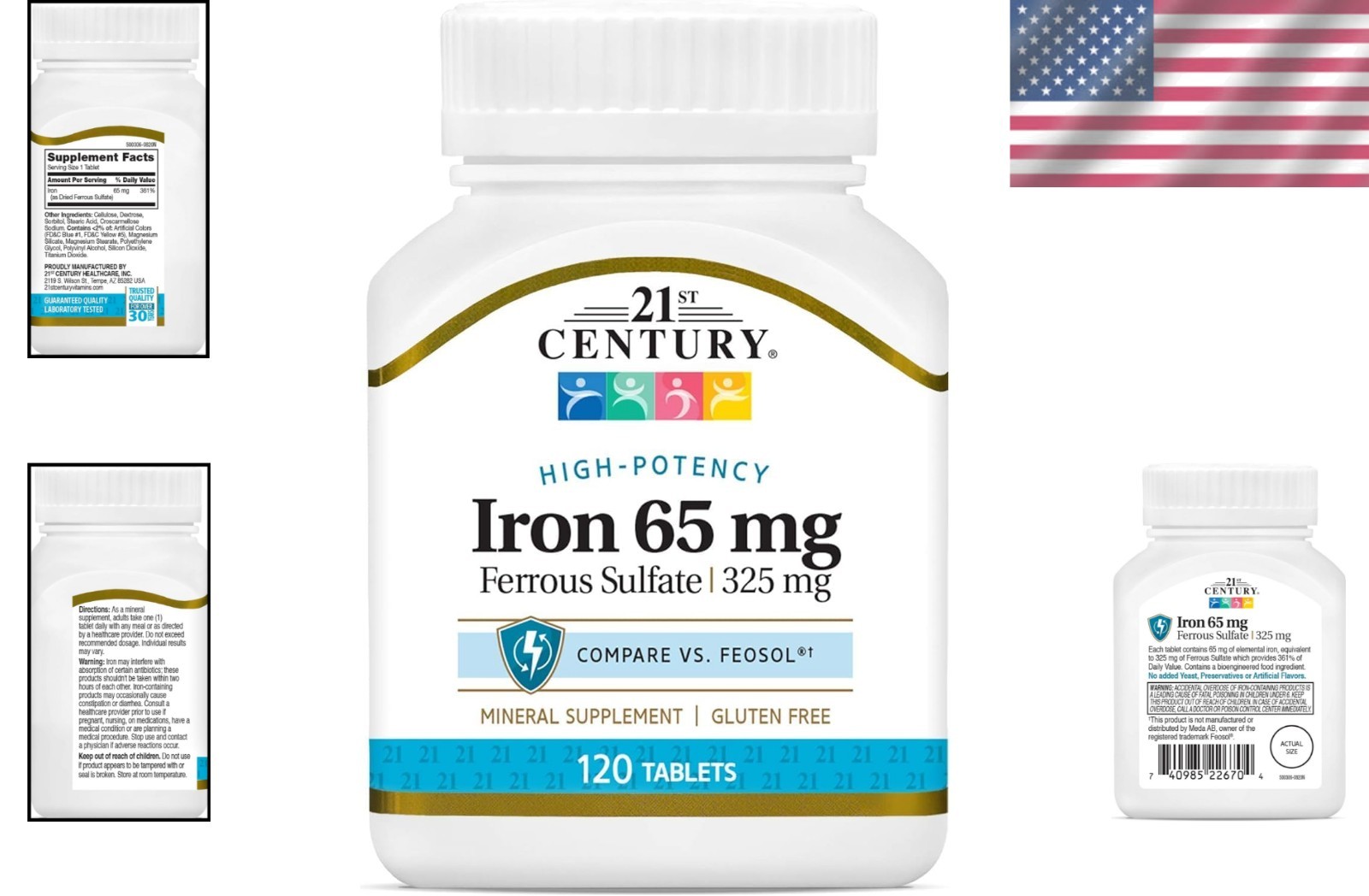 Daily Nutrition: 120 Count Gluten-Free 65mg Slow-Release Iron Tablets for Adults