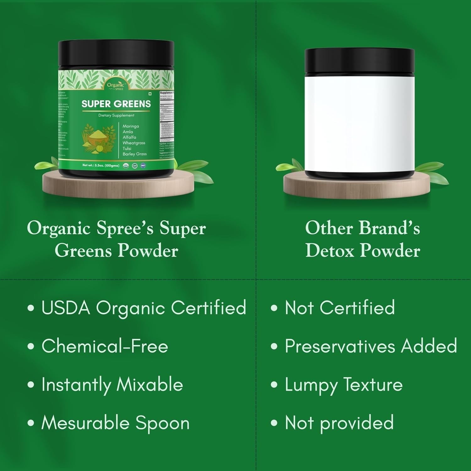 ORGANIC SPREE Super Greens Powder – 150 gm (5.3oz) for Detox & Immunity Support