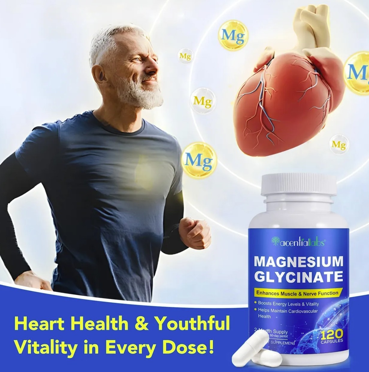 Magnesium Glycinate 1040mg 120 Capsules for Calm Stress, Sleep, Leg Cramp, Heart