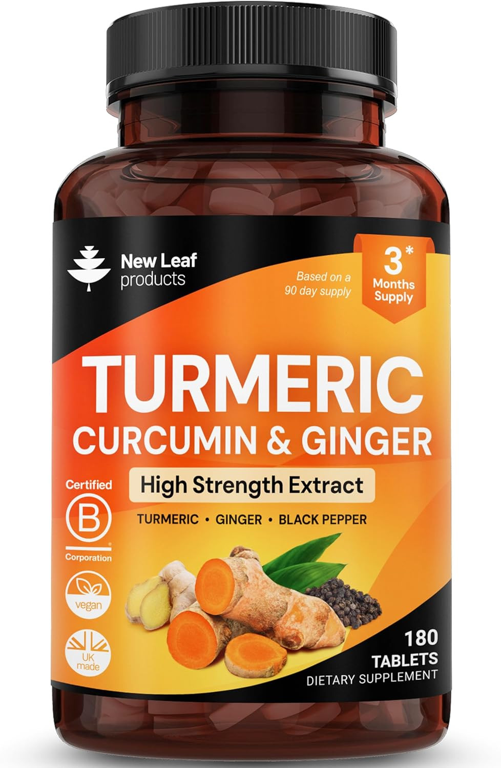 Turmeric Tablets with Black Pepper & Ginger – Curcumin – 180 Turmeric and Black