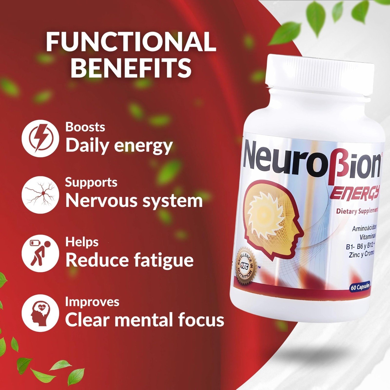 60 Caps Neurobion Energy – Amino Acids & Vitamins B1 B2 B6 B12 – Boost Brain Ale