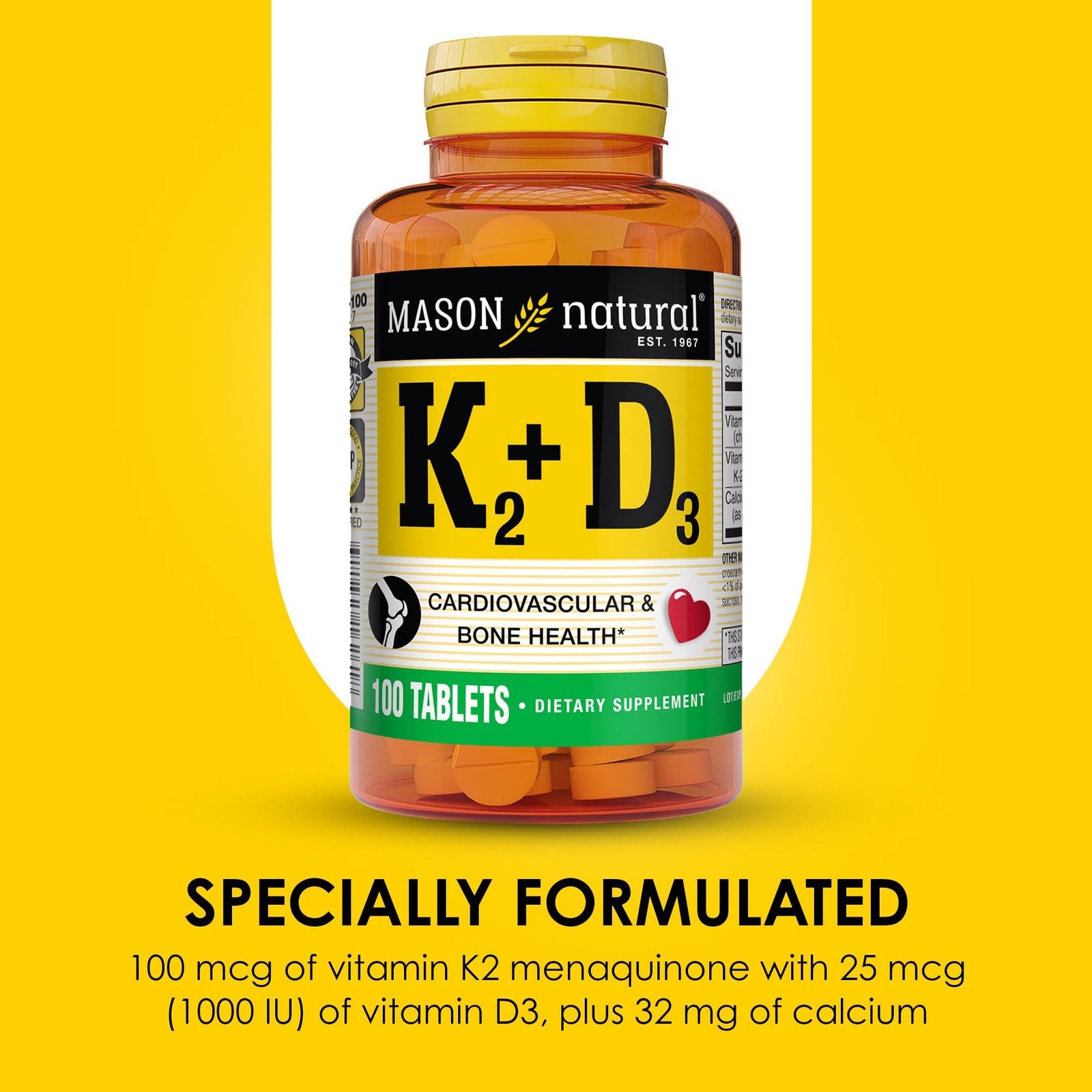MASON NATURAL Vitamin K2 + D3, 100,Day 100 Count (Pack of 1), No Color
