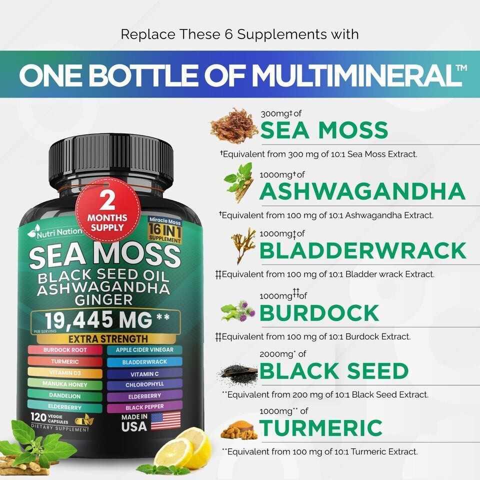 Sea Moss, Black Seed Oil, Ashwagandha, Turmeric, Ginger (16 in 1) 120 Capsules