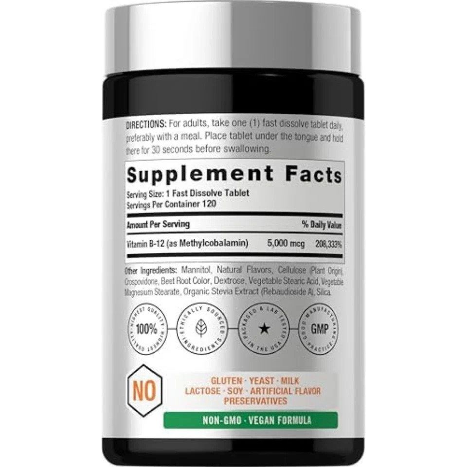 Horbaach Vitamin B12 5000mcg 120 Fast Dissolve Tablets Berry Vegan Non GMO