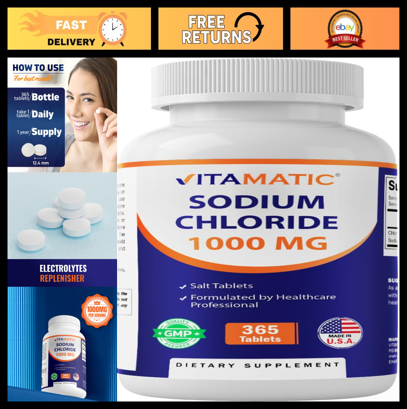 Sodium Chloride 1000mg – 365 Tablets Electrolyte Replenisher & Hydration Support