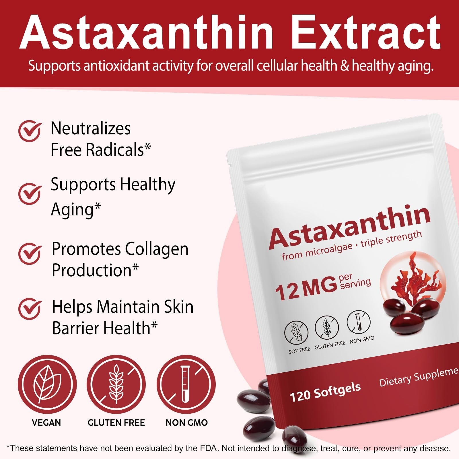 Astaxanthin Antioxidant Supplements for Eye, Joint & Skin Health – 120 Capsules
