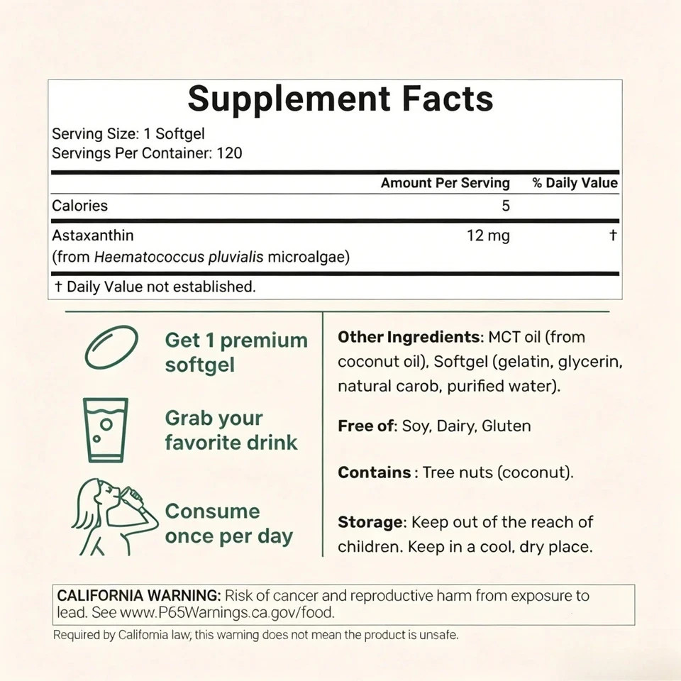 Micro Ingredients Astaxanthin 12mg – Natural Tanning, Easy-to-Swallow Softgels