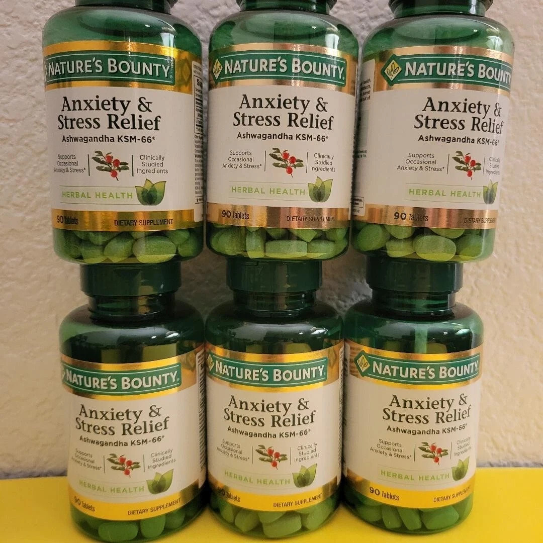6 Bottles of Nature’s Bounty Anxiety & Stress Relief Ashwagandha 90 Tablets Each
