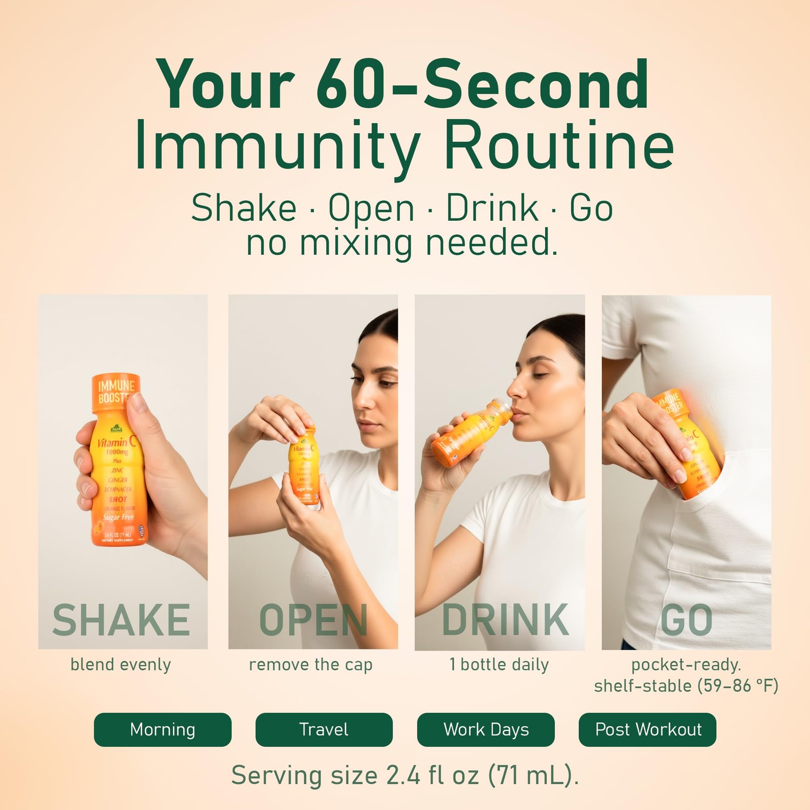Vitamin C Shot 1000mg with Zinc, Ginger & Echinacea – 2.4 FL Oz Bottle – 20 Pack