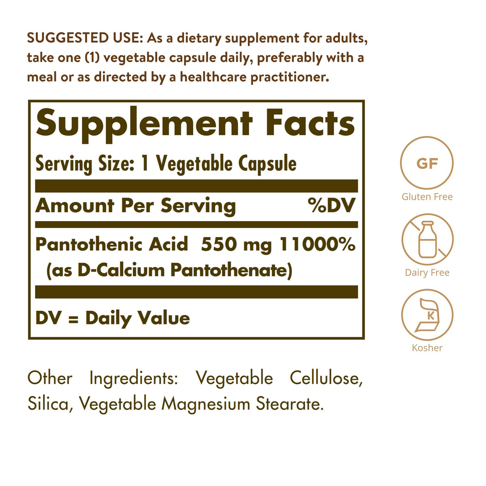 Solgar Pantothenic Acid 550 mg 100 Count (Pack of 1), Standard Packaging