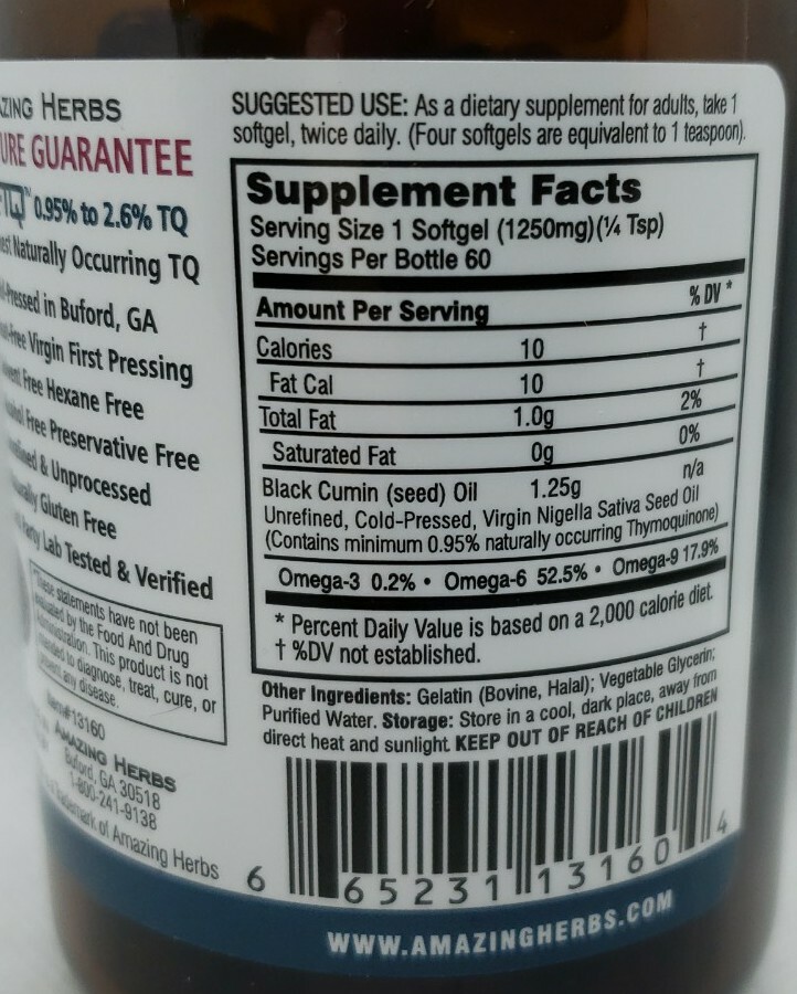 Amazing Herbs 100% Pure Cold-Pressed Black Cumin Seed Oil- 1250 mg, 60 softgels