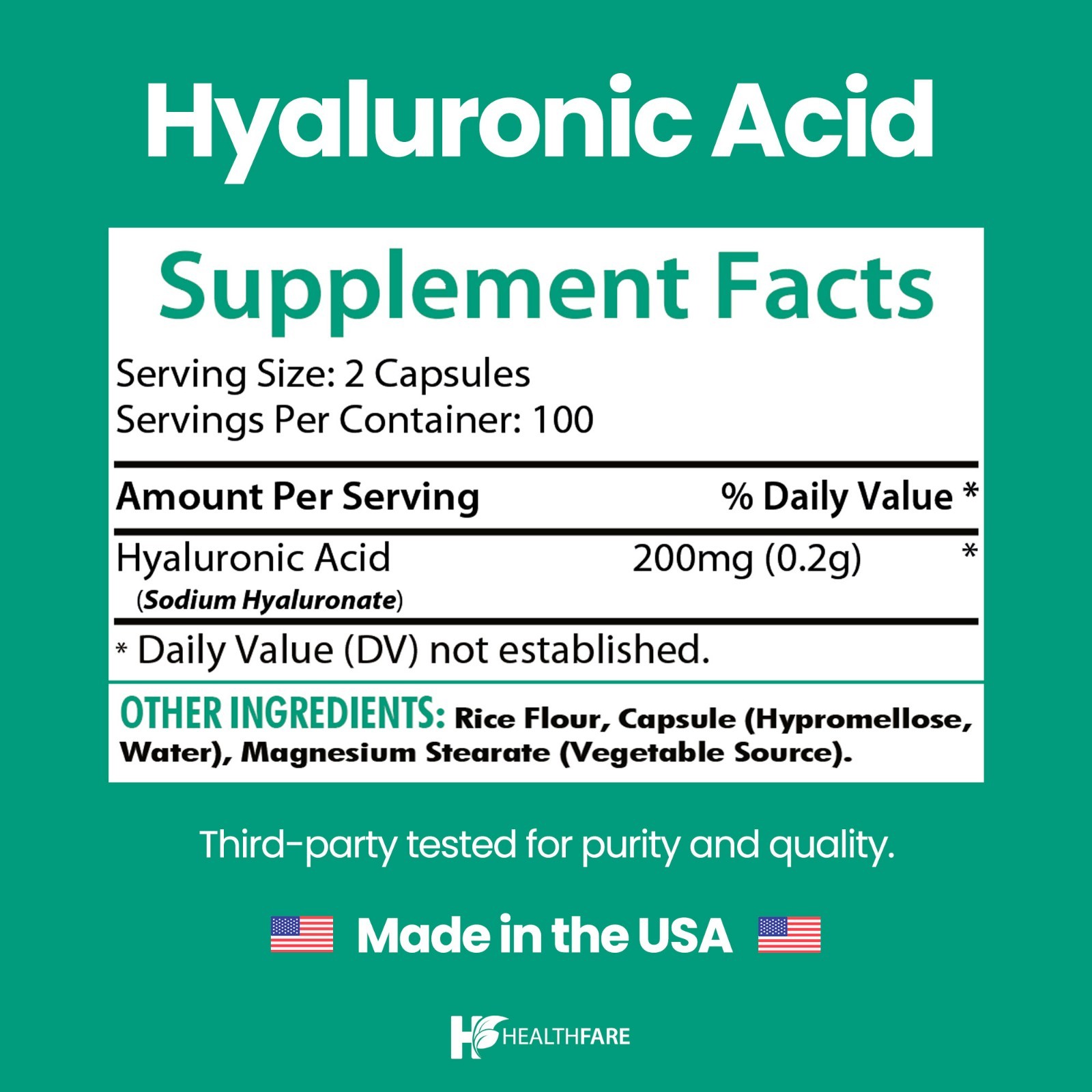 HealthFare Hyaluronic Acid 200mg, 200 Vegan Capsules – Gluten Free, Non-GMO
