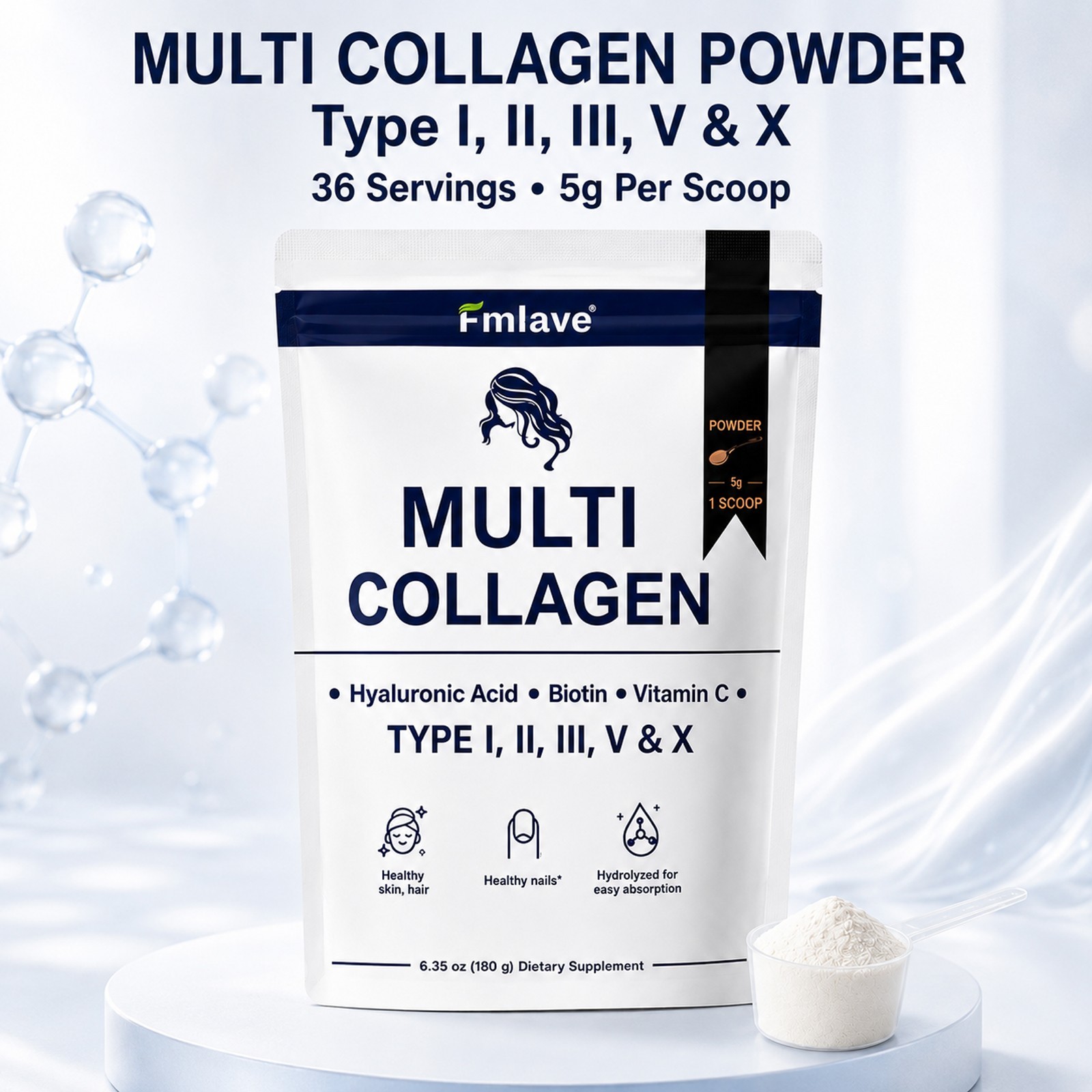 Multi Collagen Peptides Powder Type I II III V X VitaminC Biotin Hyaluronic Acid