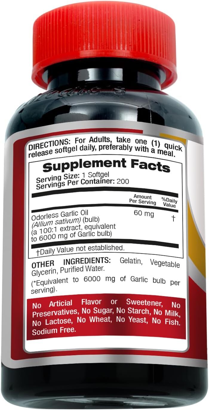Garlic Pills 6000 mg Equivalent 200 softgels Organic Garlic 200 Capsules Garli