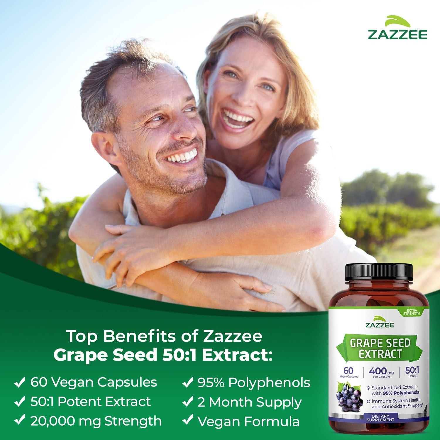 Zazzee High Strength Grape Seed 50:1 Extract, 60 Vegan Capsules, 95% Polyphenols