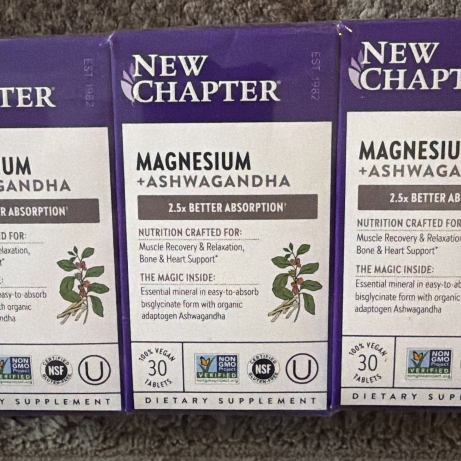 3 Boxes – New Chapter Magnesium Ashwagandha 30 tablets Each – Exp 09/27 Fresh!