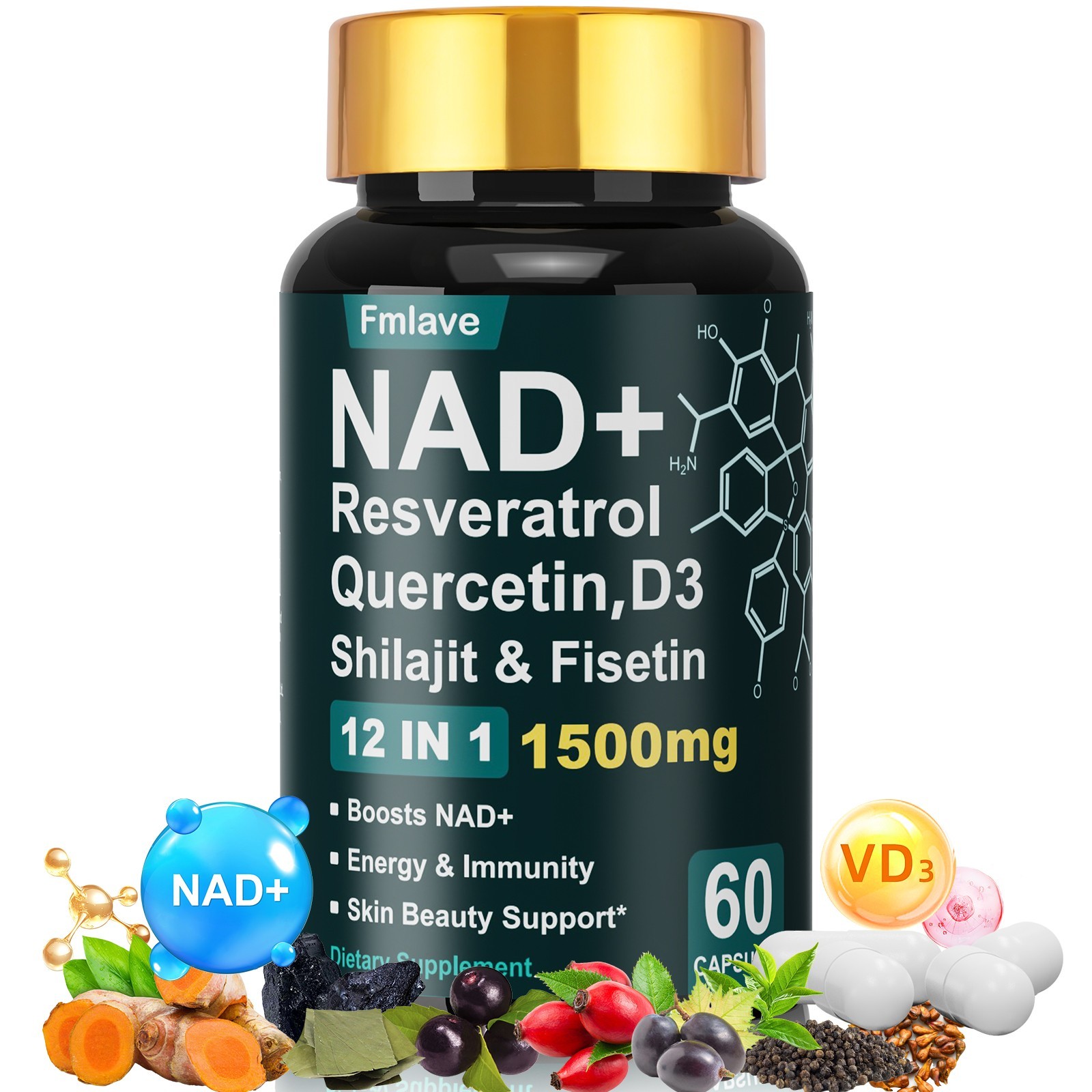NAD+ Supplement 1500mg with Resveratrol | Cellular Health & Energy | 60 Capsules