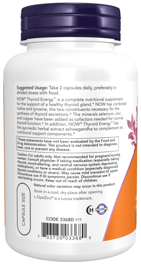 NOW Foods Thyroid Energy 90 Caps Iodine Tyrosine Ashwagandha Zinc 03/2025