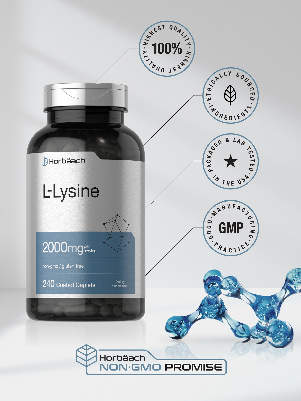 L-Lysine 2000mg | 240 Caplets | Vegetarian, Non-GMO, Gluten Free | by Horbaach