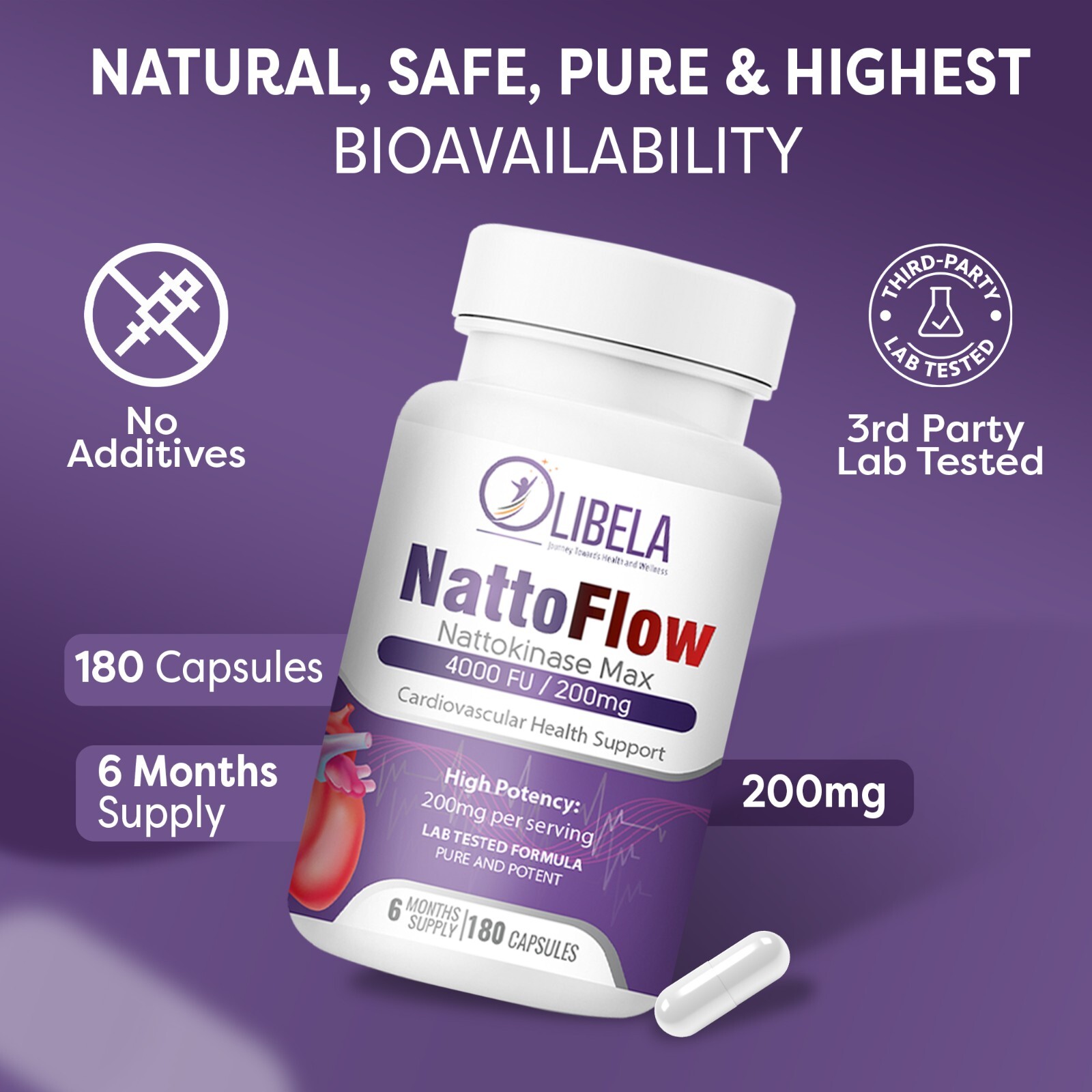 Nattokinase 4,000 FU 200mg (180 Caps) Blood Flow, Heart & Cardiovascular Health