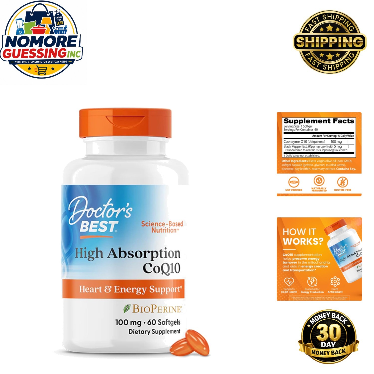 100 mg High Absorption CoQ10 with BioPerine – Heart Health & Energy, 60 Softgels
