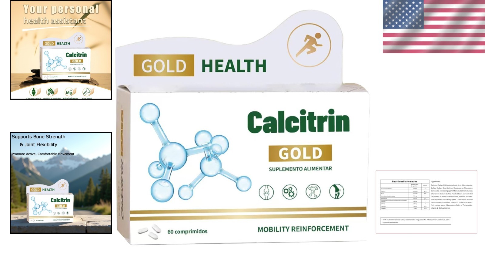 Calcitrin Gold Mobility Supplement: Unflavored Calcium & Collagen Tablets, 60 Ct