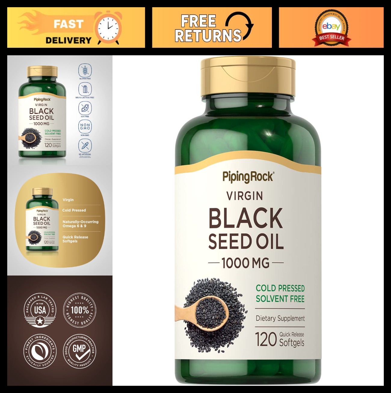 Black Seed Oil Softgel Capsules 1000mg – 120 Pills, Cold Pressed, Non-GMO, Glute