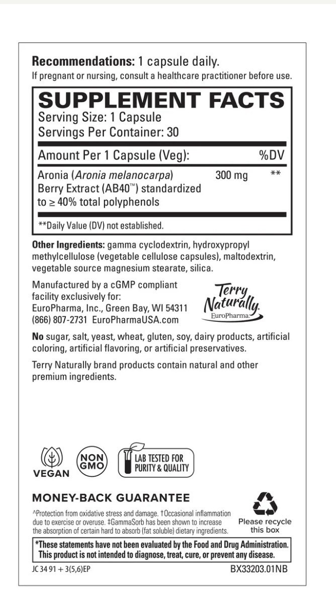 Terry Naturally Aronia Berry Complex Heart Function – 60 Capsules (New/Sealed)