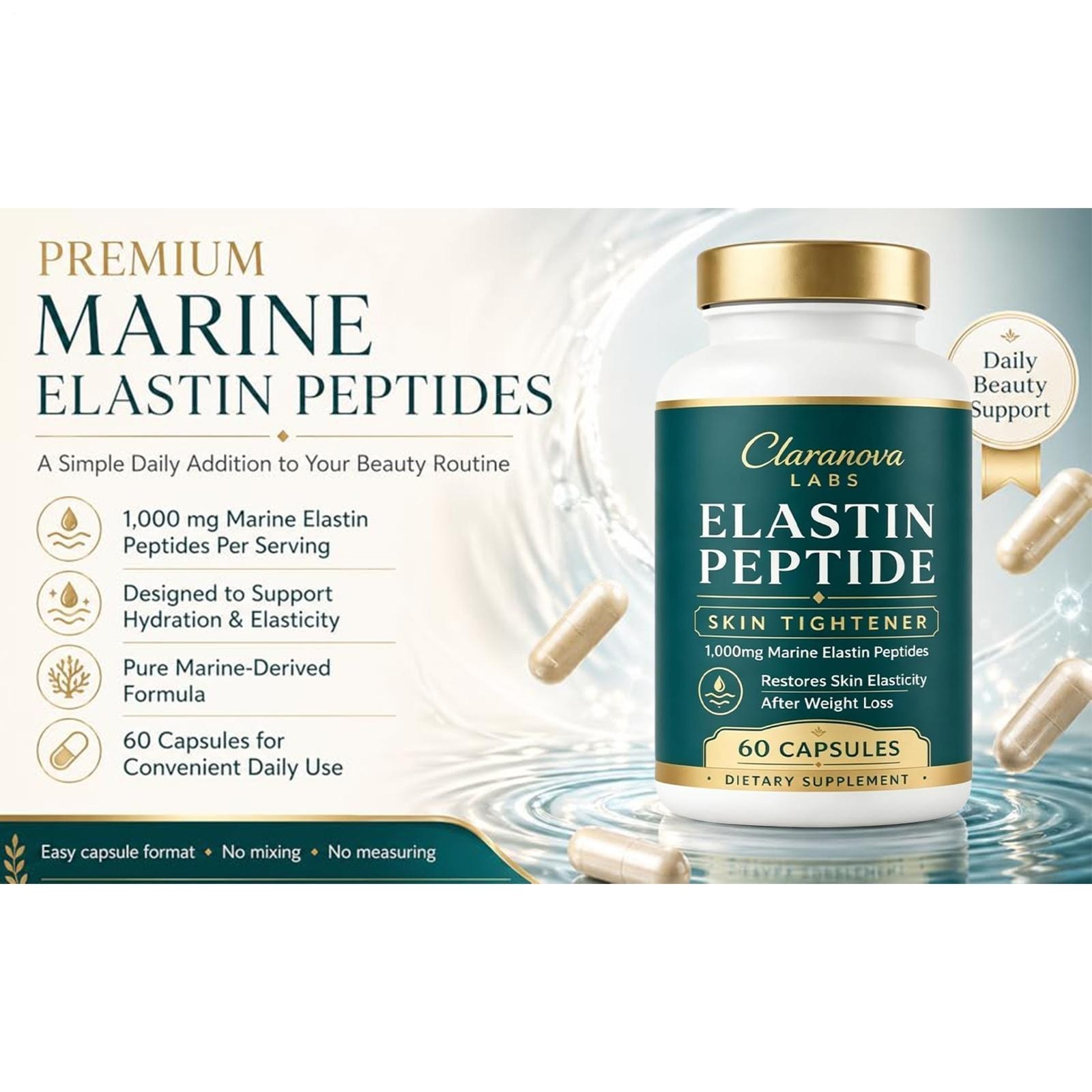 Claranova Labs Marine Elastin Peptides, Elastin Peptide Skin Tightening 60 Ct X3