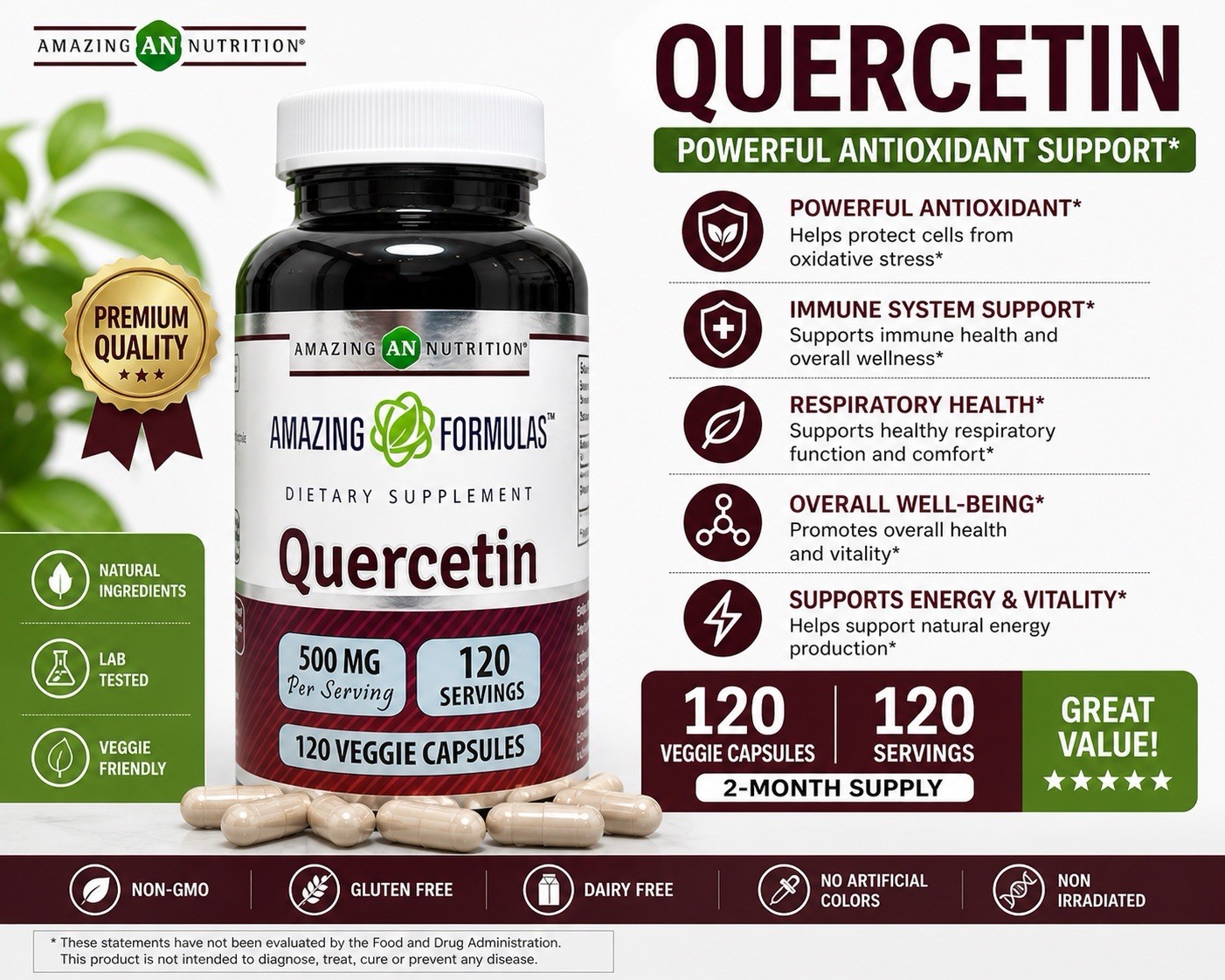 Amazing Formulas Quercetin 500 mg 120 Veggie Capsules Dietary Supplement