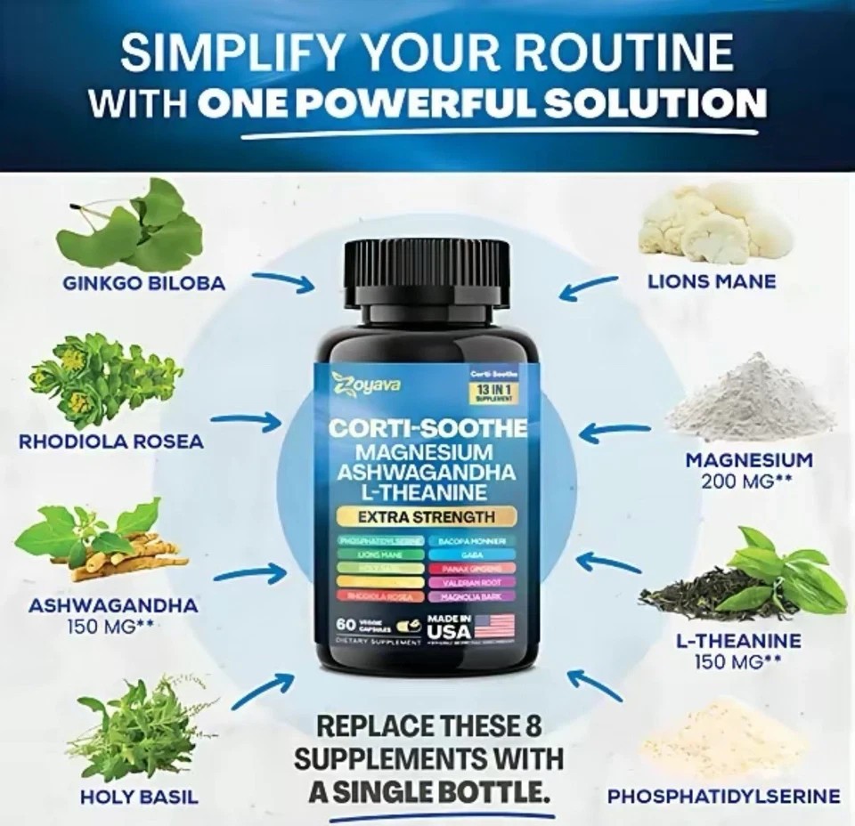 CORTI-SOOTHE Cortisol Magnesium Ashwagandha L-theanine – Relieve Stress