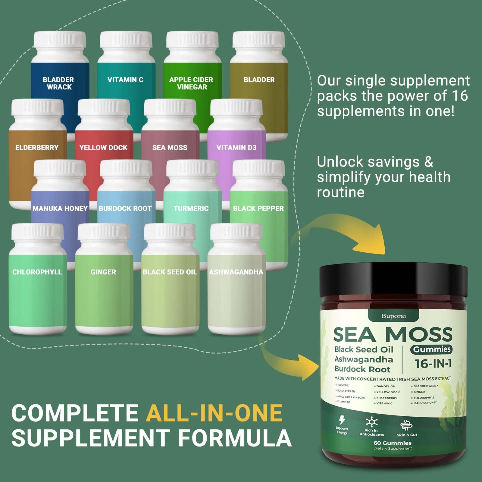 Buporai Sea Moss Gummies 16-1, Black Seed Oil Ashwagandha Turmeric Bladder Wrac