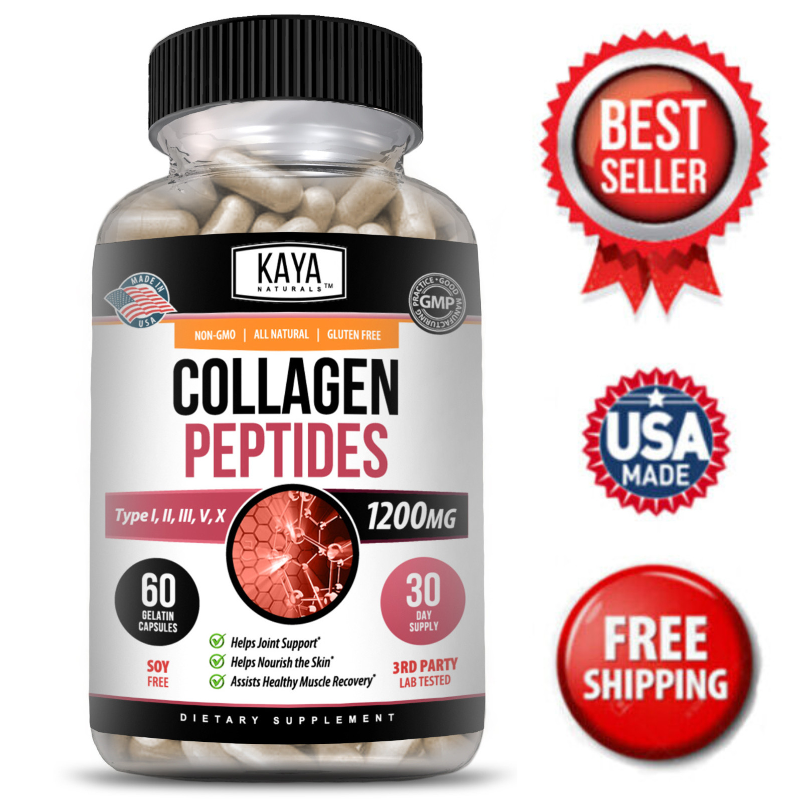Collagen Peptides Types I, II, III, V, X 1200mg Pills Anti-Aging Skin Capsules
