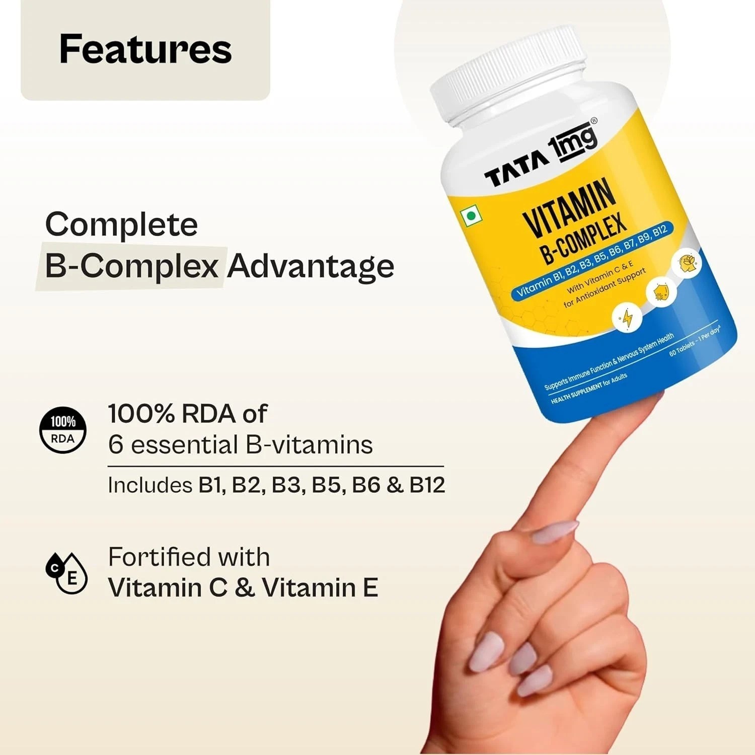 Tata 1mg Vitamin B Complex Capsules with, B1,B2,B3,B5,B6,Biotin (Pack of 60) A86