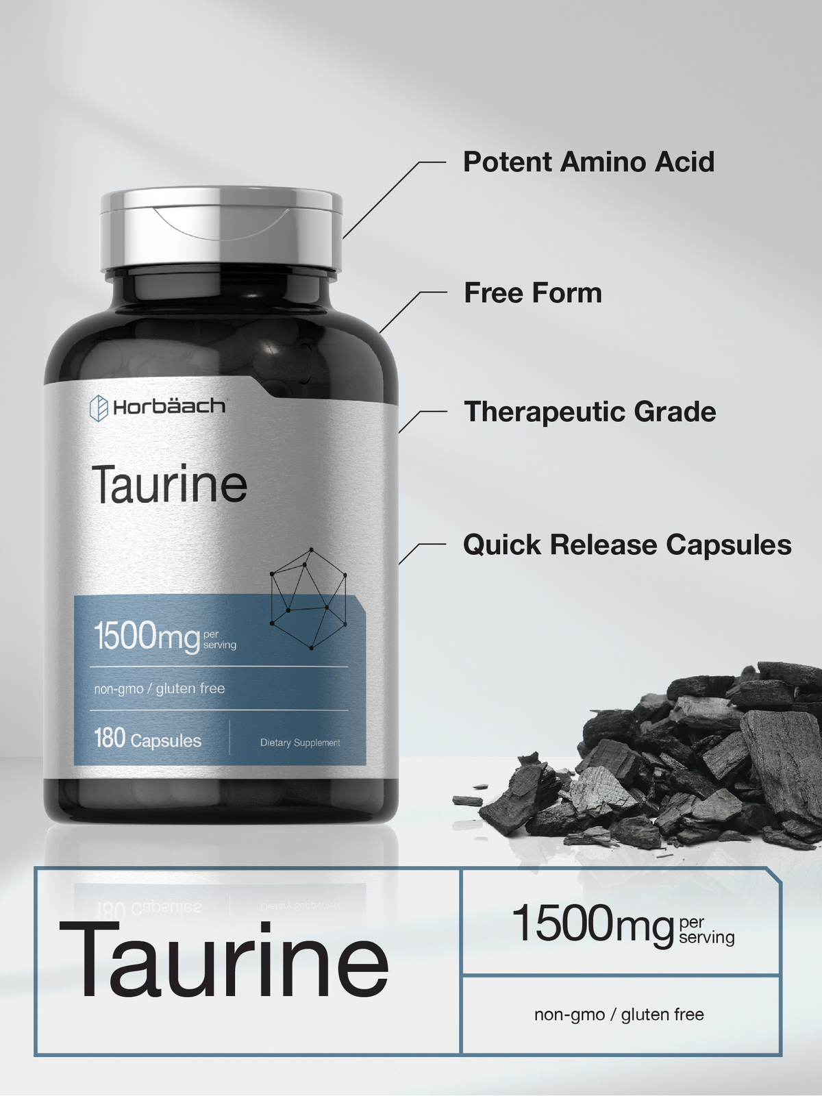 Taurine 1500mg Capsules | 180 Count | Non-GMO and Gluten Free | by Horbaach