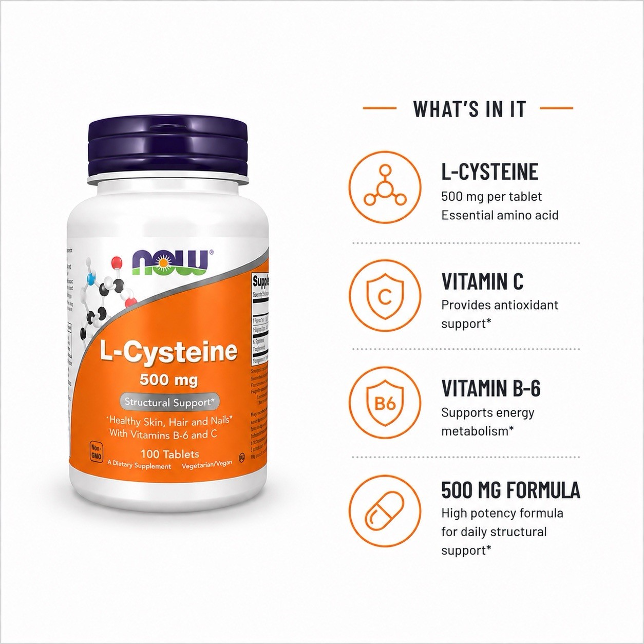 NOW L-Cysteine 500mg 100 Tablets Hair Skin Nails Antioxidant Detox Support