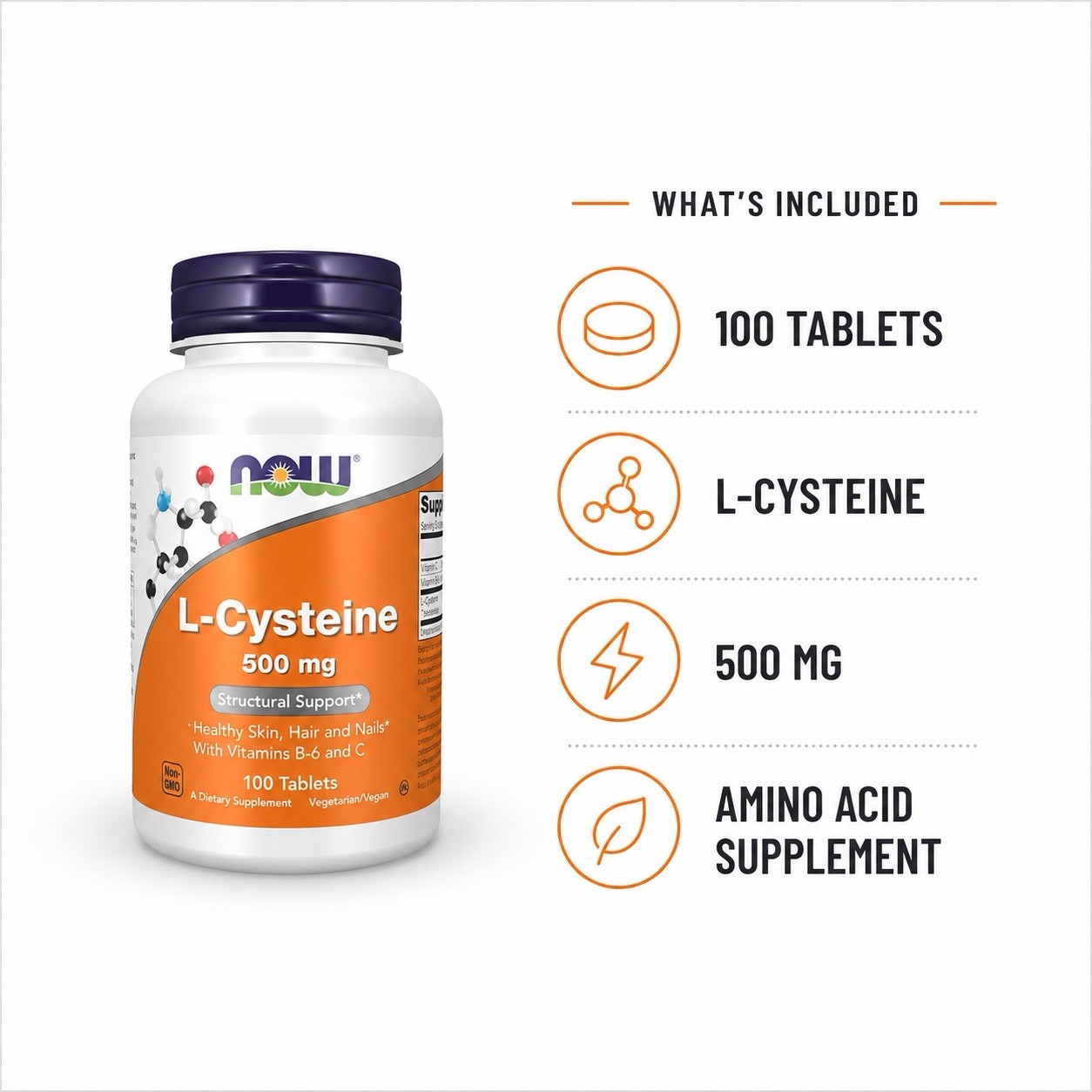 NOW L-Cysteine 500mg 100 Tablets Hair Skin Nails Antioxidant Detox Support