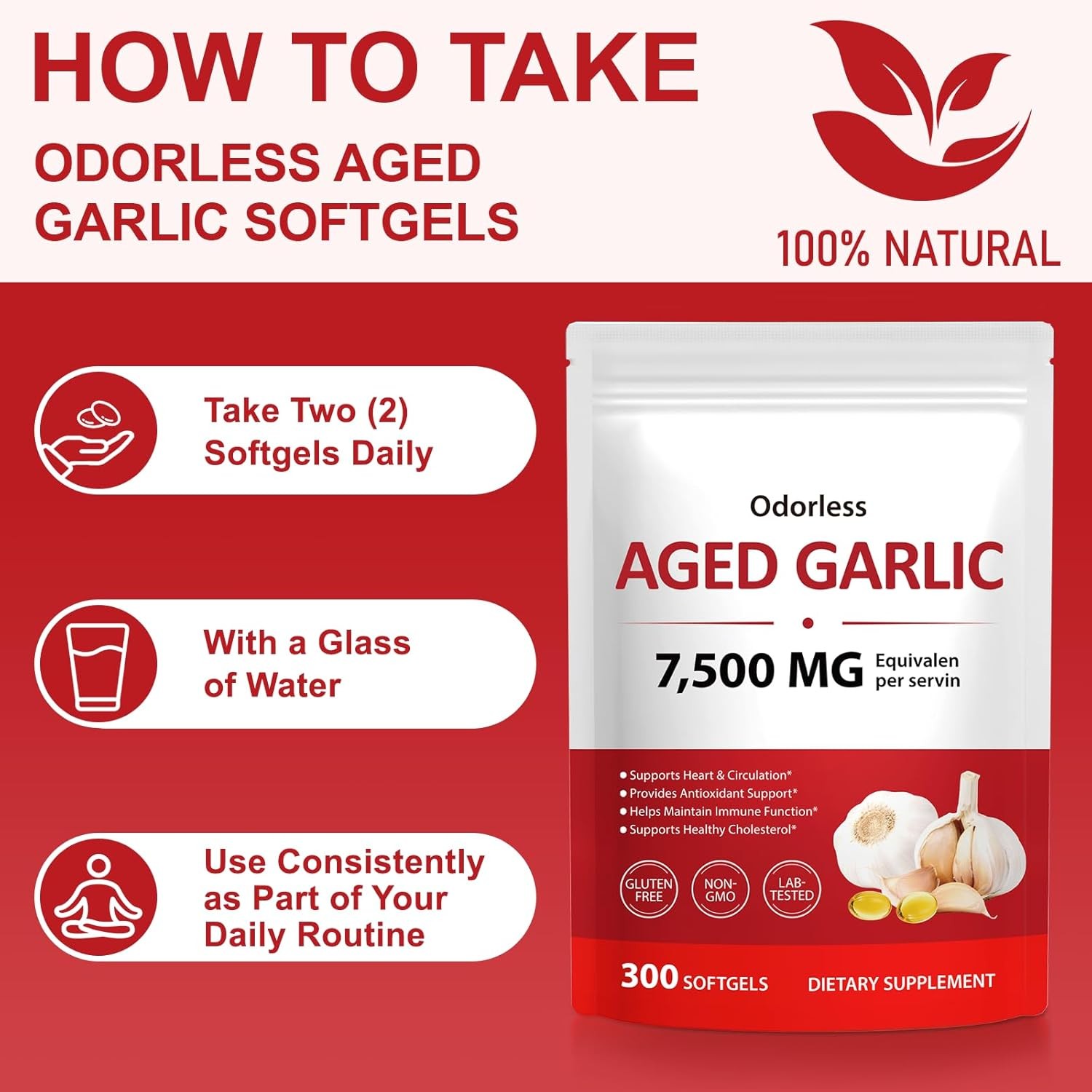 Odorless Garlic 7500mg Per Servings, 300 Softgels | 2 Years Aged Garlic Extra…