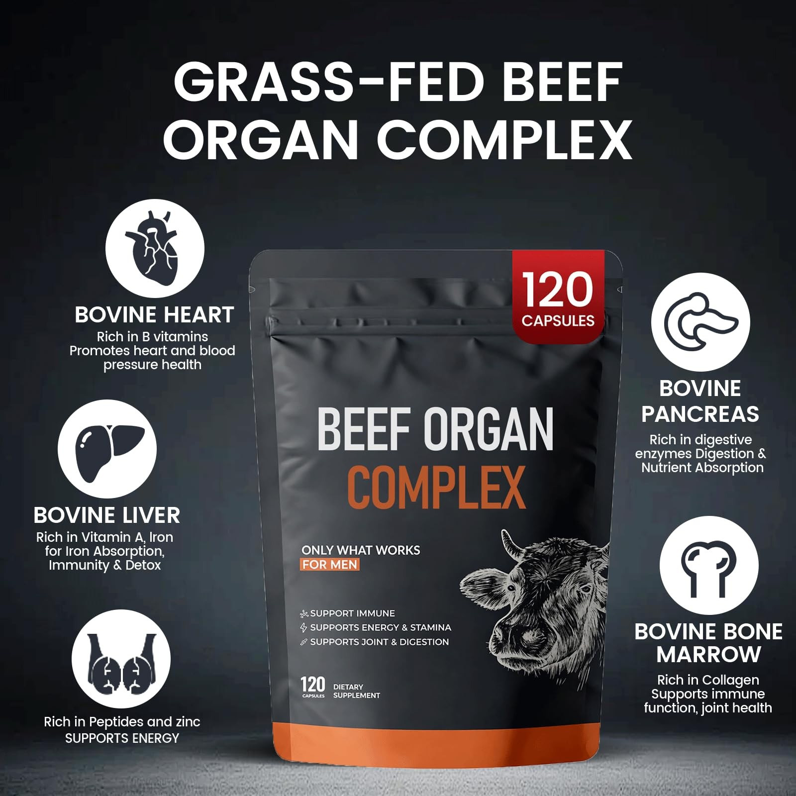 Forgebody Beef Organ Complex Supplement, 120 Capsules Grass Fed Beef Liver Ca…
