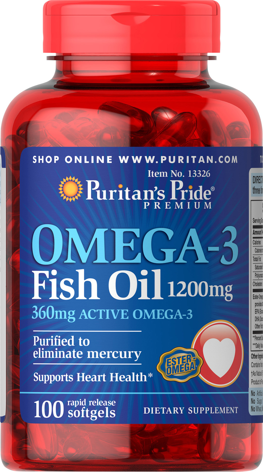 Puritan’s Pride Omega-3 Fish Oil 1200 mg (360 mg Active Omega-3) – 100 Softgels
