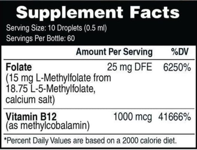 60 Servings Organic L-Methylfolate 15mg + B12 1000mcg Liquid Drops – Gluten Free