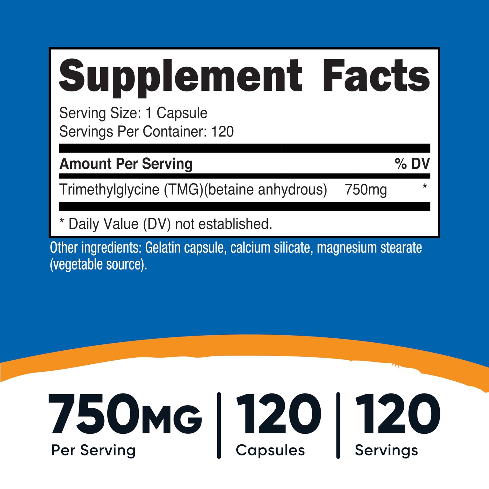 Nutricost TMG (Trimethylglycine) 750mg, 120 120 Count (Pack of 1), Multicolor