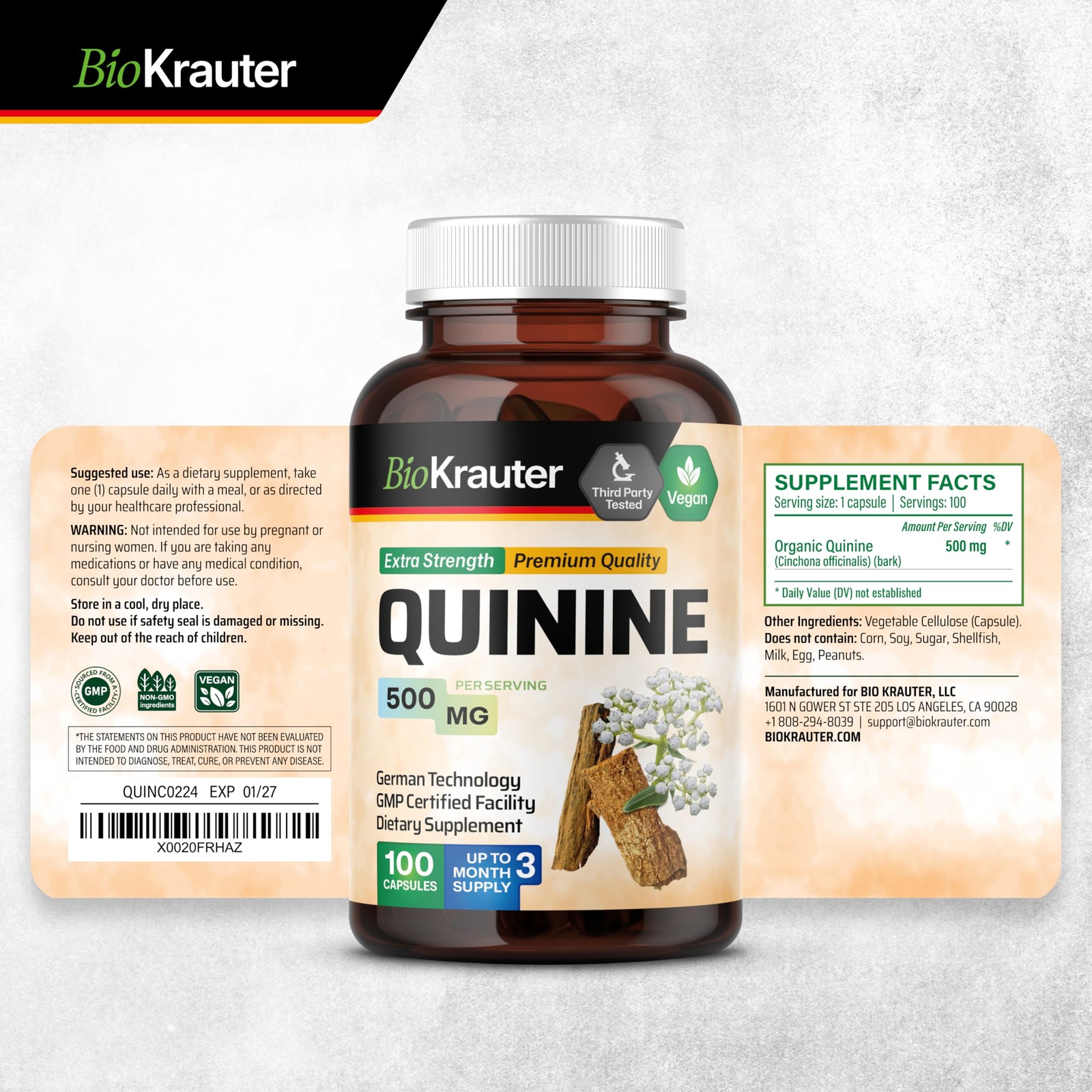 Bio Krauter Quinine For Leg Cramps Capsules 500 Mg – 100 Count – Cinchona Bark