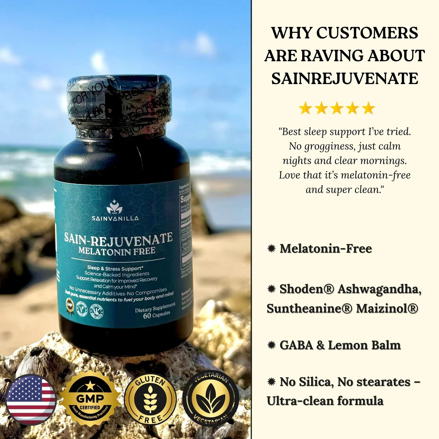 SainVanilla SainRejuvenate Melatonin-Free Sleep Supplement 60 Caps Stress Relief
