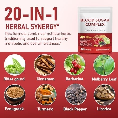300 Softgels Blood Sugar Complex Supplement | 20+ 300 Count (Pack of 1)