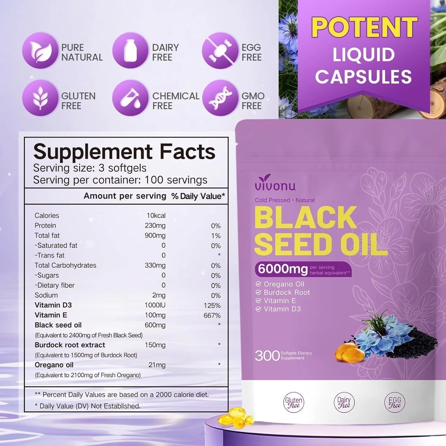 2 Pack Black Seed Oil Capsules,6000mg,300 Count Oil of Oregano,Burdock Root,E&D