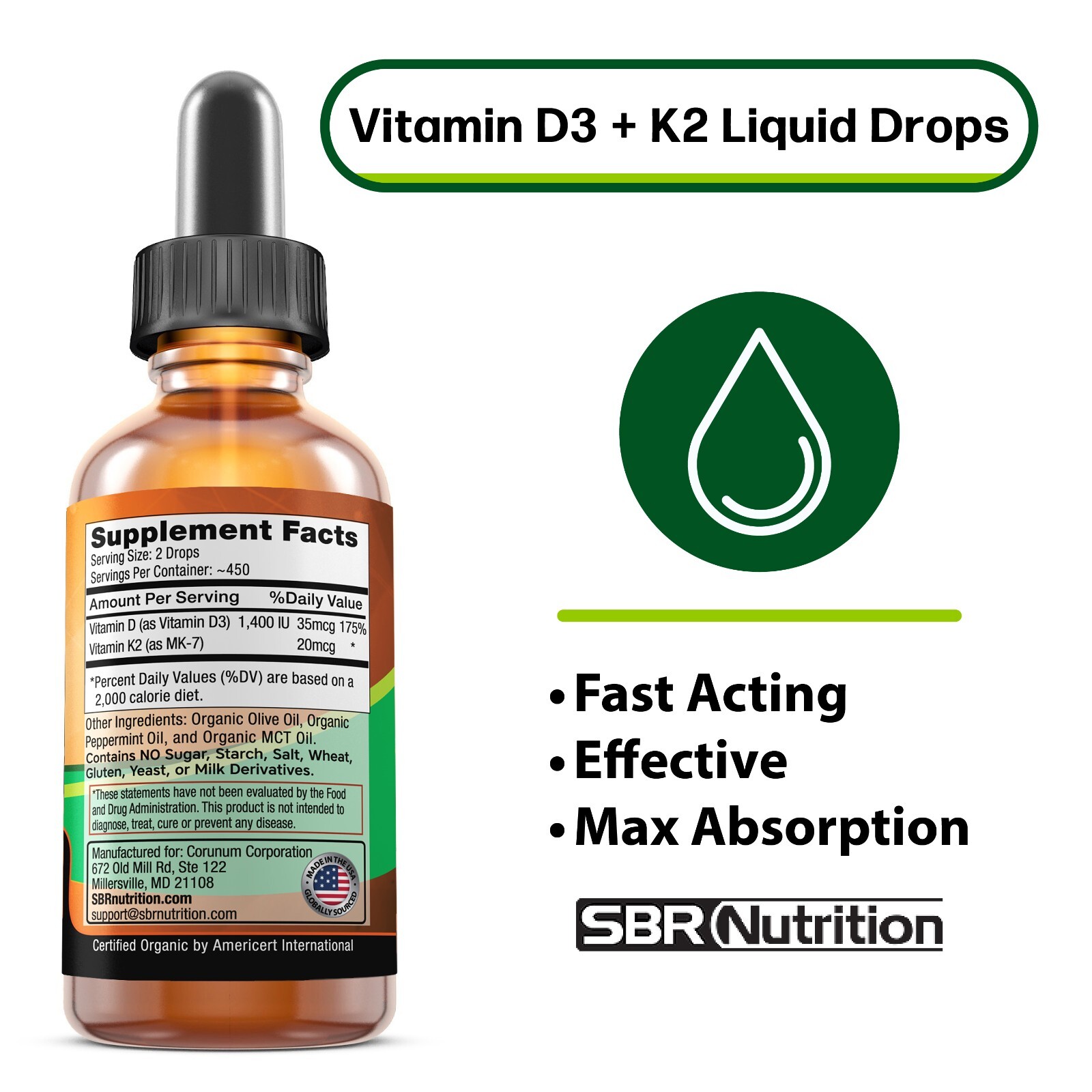 Vitamin D3+K2(MK-7) Liquid Drops, MCT Oil, Immune Support, USDA Organic, 1 fl oz
